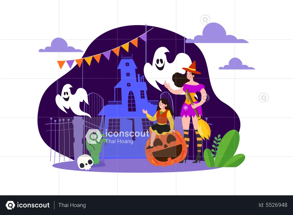 People wearing scary Halloween costume  Illustration