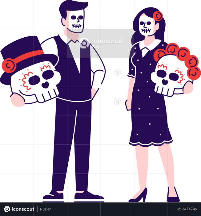 People wearing sugar skull face makeup and costumes  Illustration