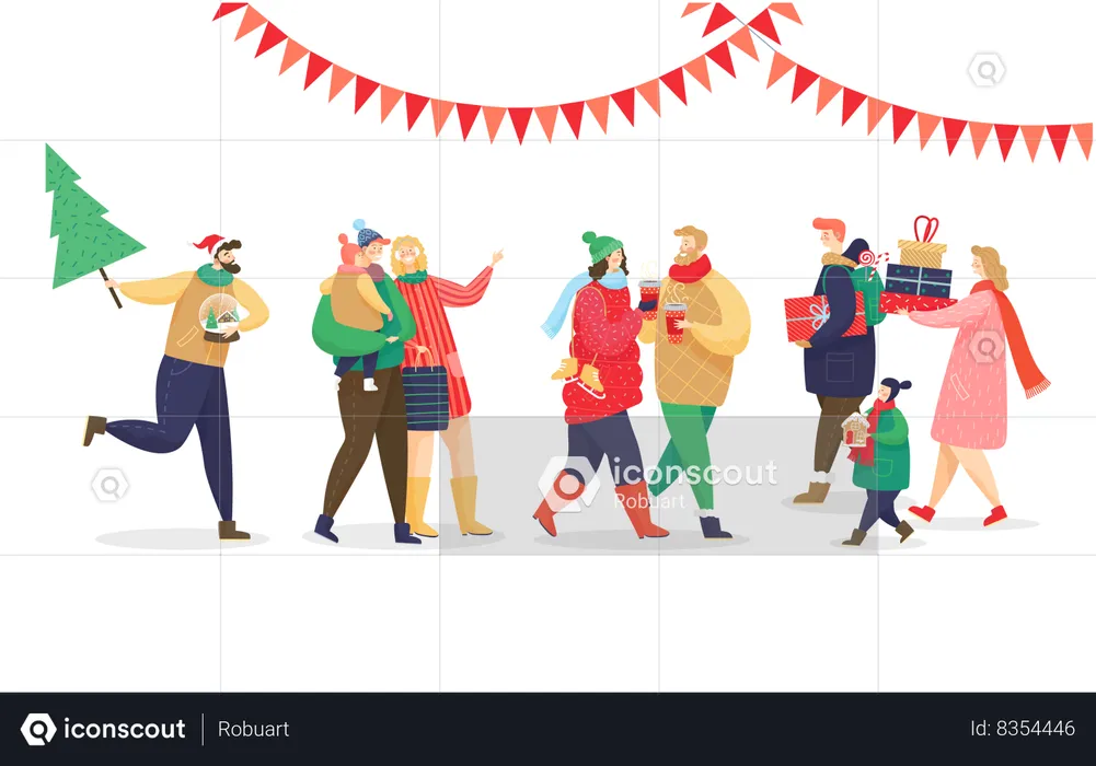 People Wearing Warm Clothes Preparing for New Year  Illustration