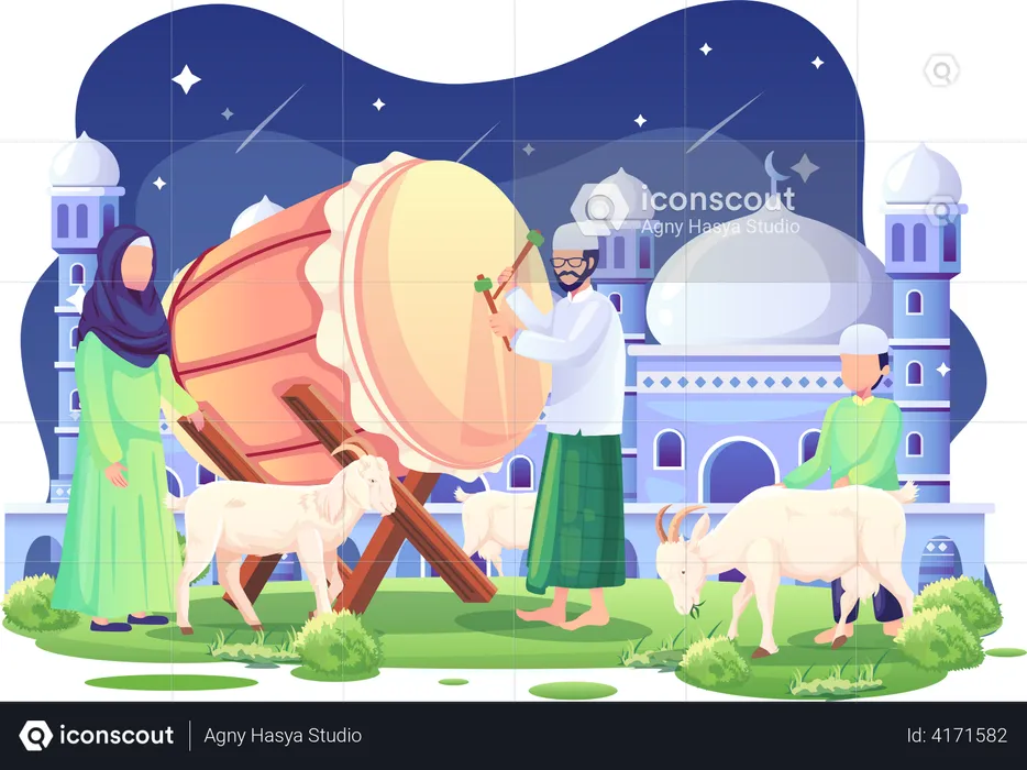 People welcome Eid al Adha with a bedug  Illustration