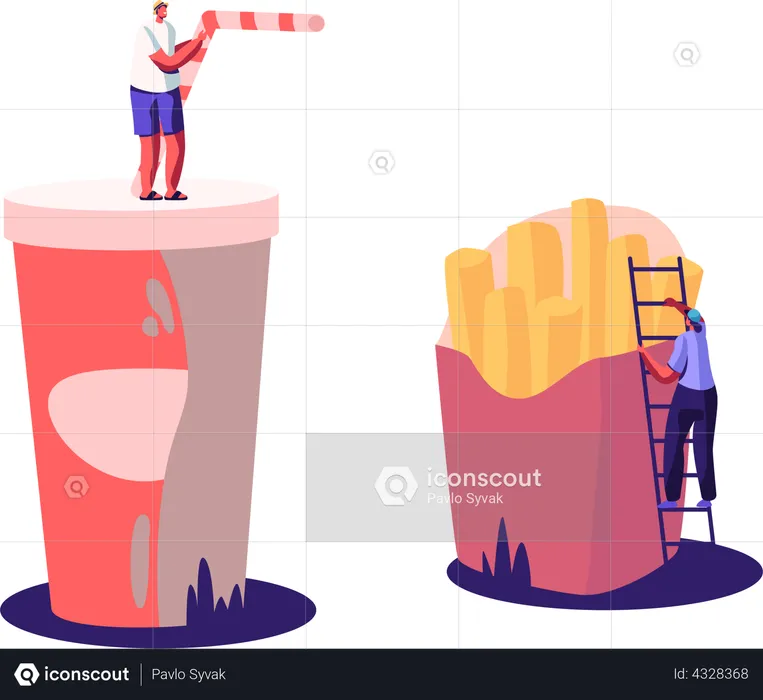 People with French Fries and Soda Drink  Illustration