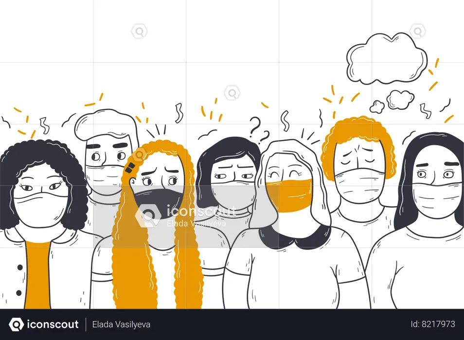 People with multiple moods standing in group wearing mask  Illustration