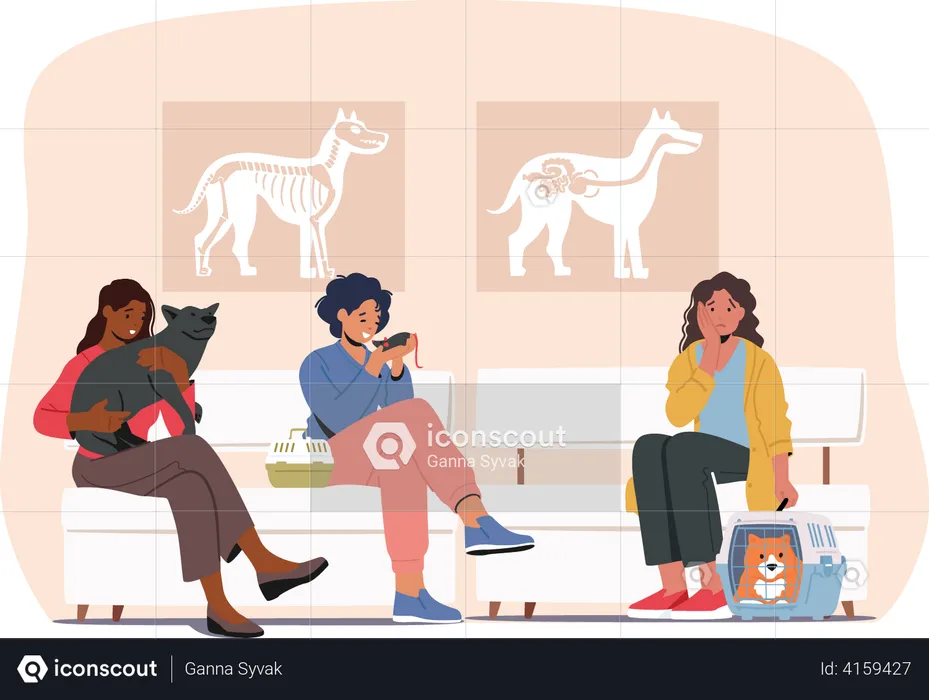 People with pet waiting at veterinary clinic  Illustration