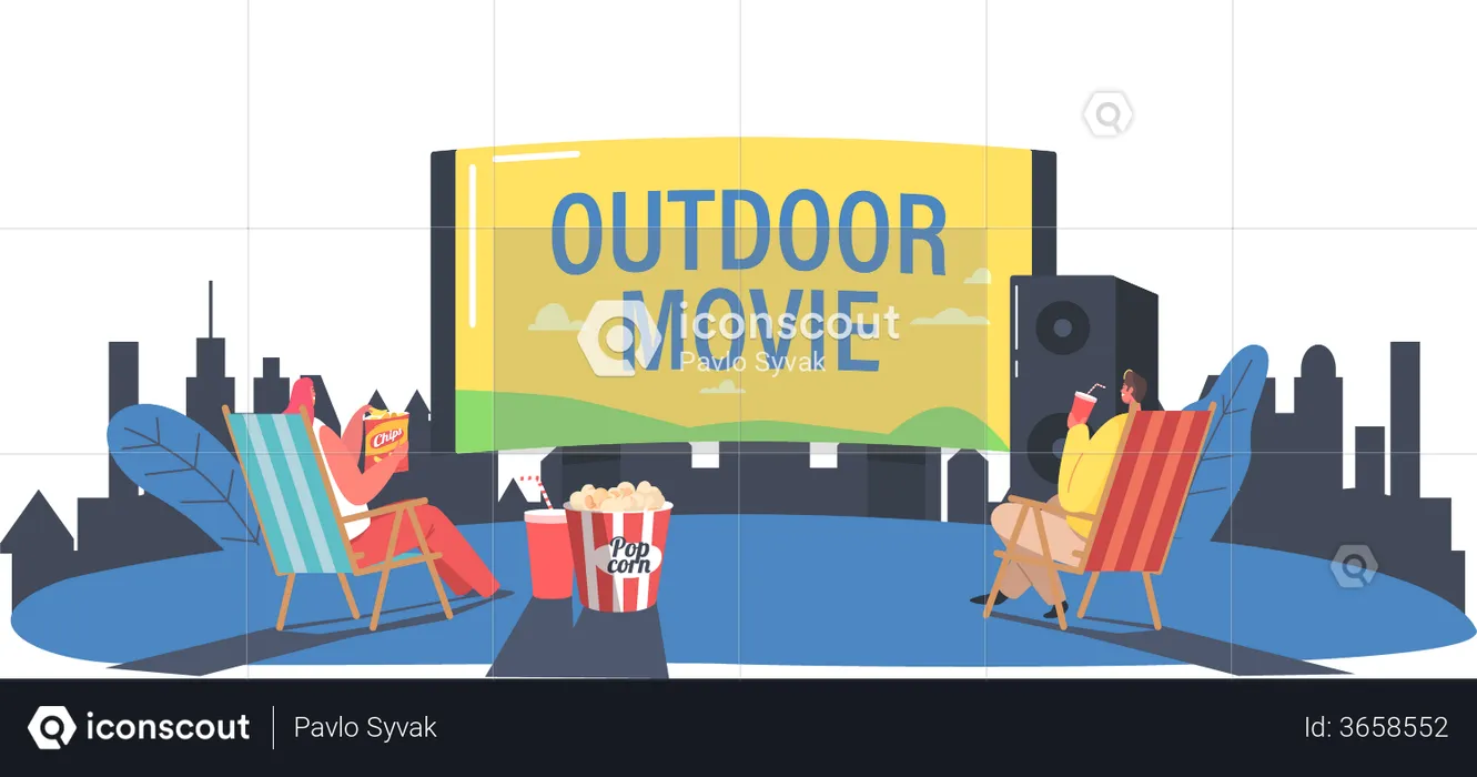 People with Pop Corn in Open Air Cinema at House Backyard or City Park  Illustration