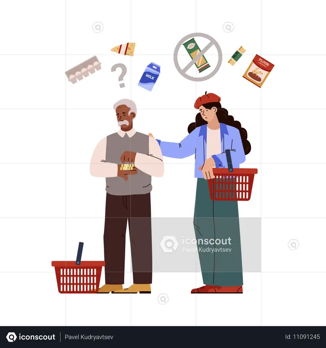 People with shopping baskets can not afford expensive food  Illustration