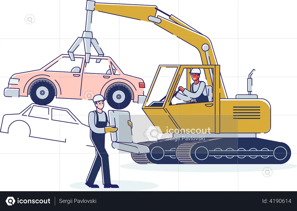 People Work On Junkyard and man Operating Industrial Lifting Machine  Illustration