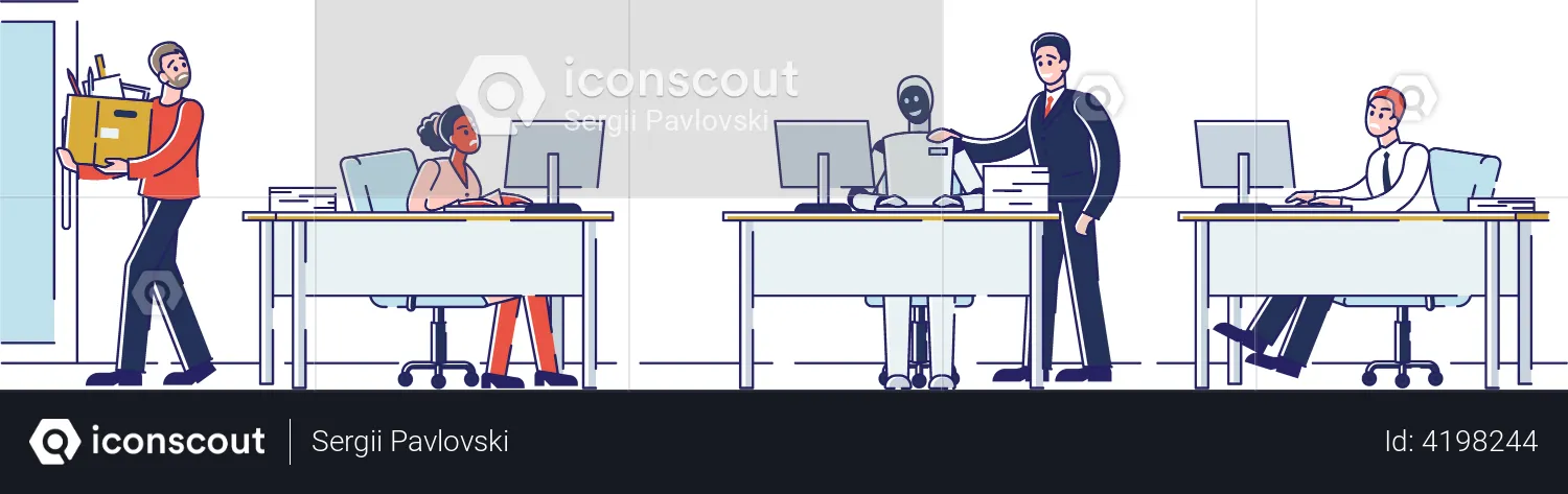 People Work With Robot In Office  Illustration