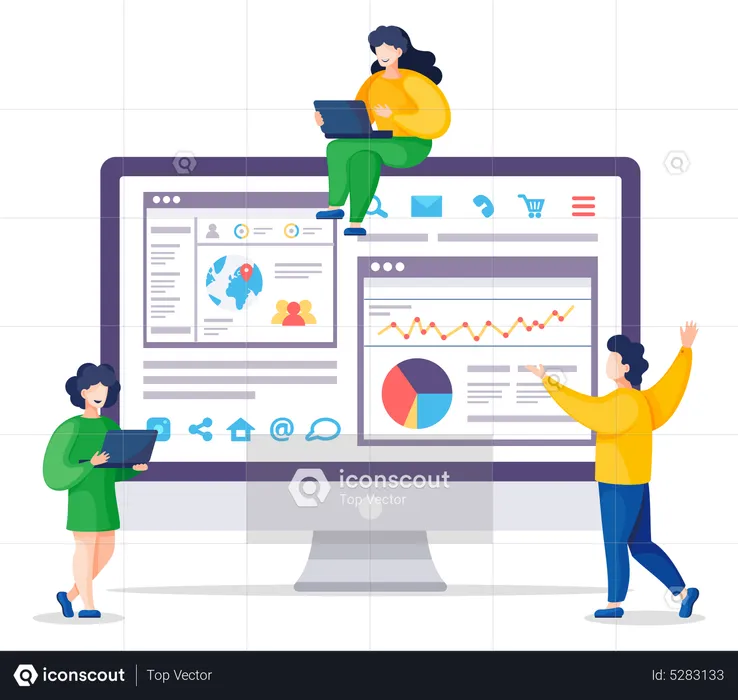 People Work with Webpage Statistic Report  Illustration
