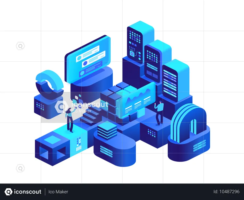 People working in digital money currency mining farm with server racks  Illustration