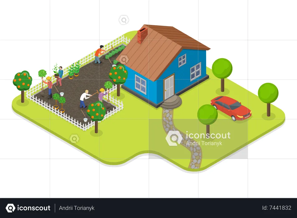 People working in House Backyard Garden  Illustration