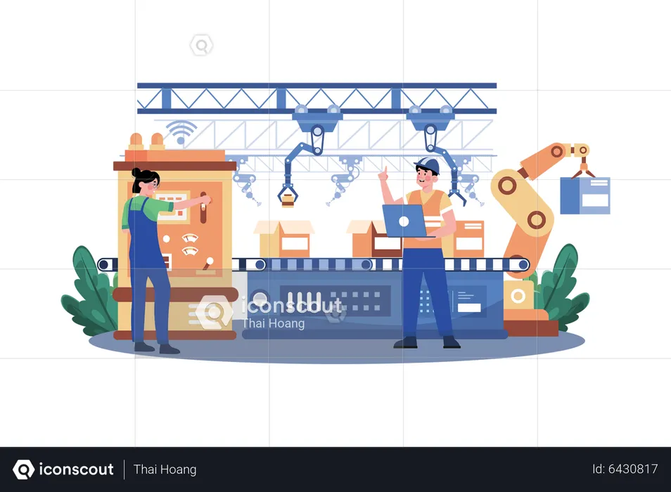 People Working In Robotic Production Line  Illustration