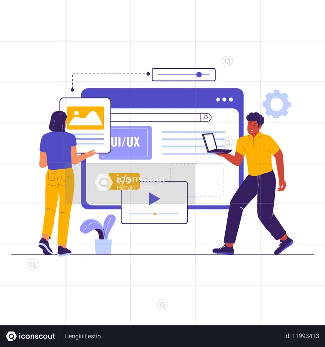 WebデザインのUI UXインターフェース開発に携わる人々  イラスト