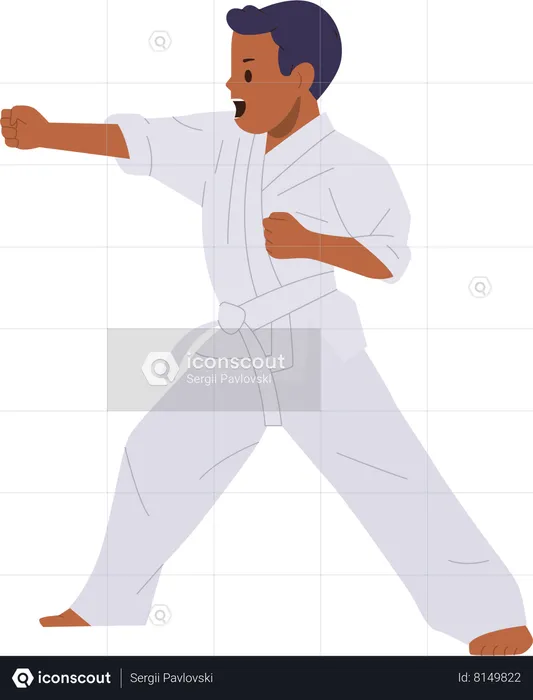 Un niño de karate con uniforme blanco y entrenamiento con cinturón en la práctica de entrenamiento de artes marciales  Ilustración
