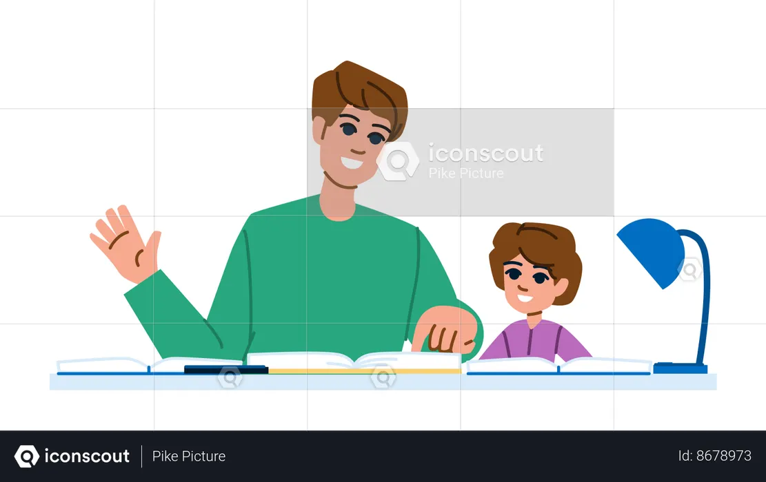 Père aidant son fils à faire ses devoirs  Illustration