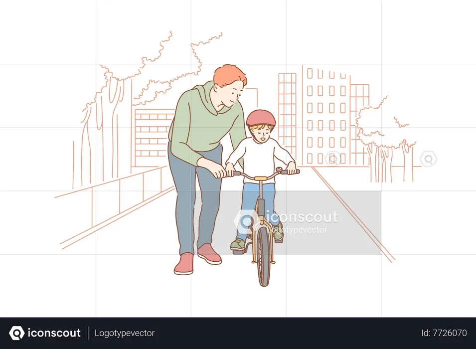 Père aidant son fils à faire du vélo  Illustration