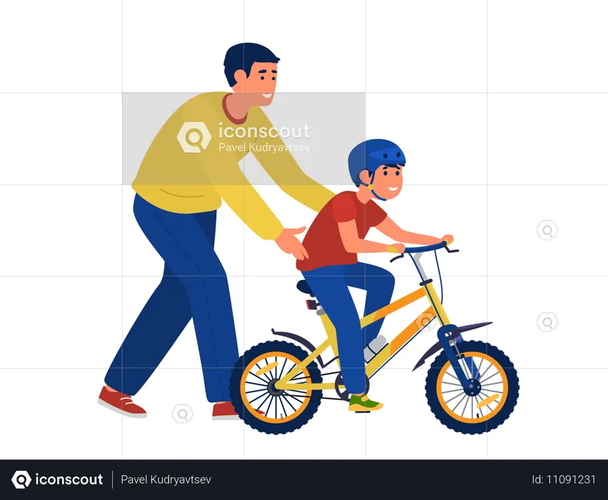 Un père attentionné apprend à son enfant à faire du vélo  Illustration