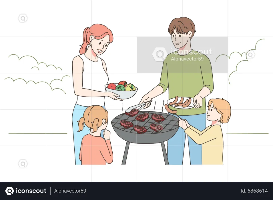 Père cuisinant un barbecue dans la cour  Illustration