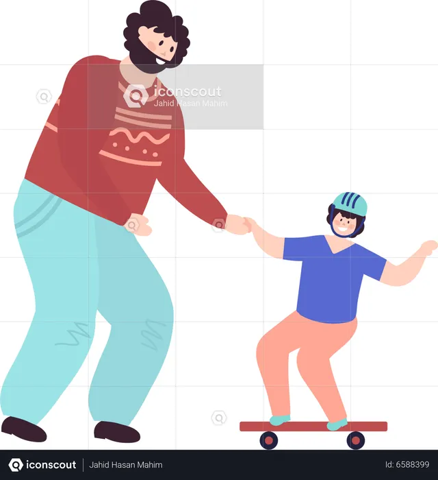 Père enseignant à son fils comment faire du skateboard  Illustration