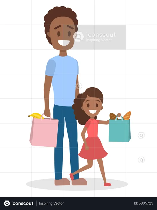 Père et fille vont avec des sacs pleins de nourriture  Illustration