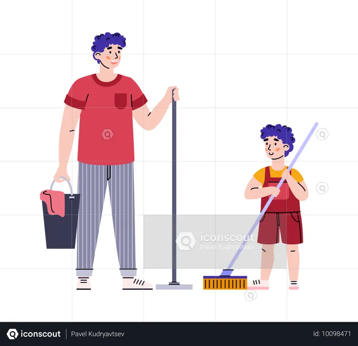 Père et fils avec des serpillères prêts à nettoyer la maison  Illustration