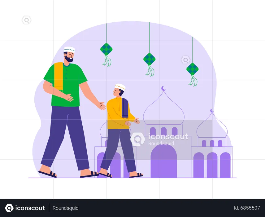 Père et fils vont à la mosquée  Illustration