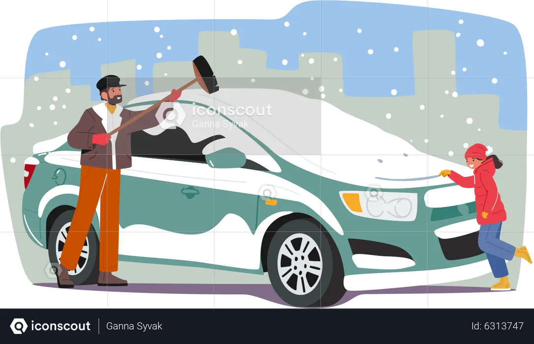 Père et petite fille nettoyant la voiture de la première neige  Illustration