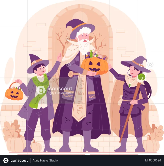 Père, son fils et sa fille vêtus de costumes d'Halloween prêts à tromper ou à traiter  Illustration