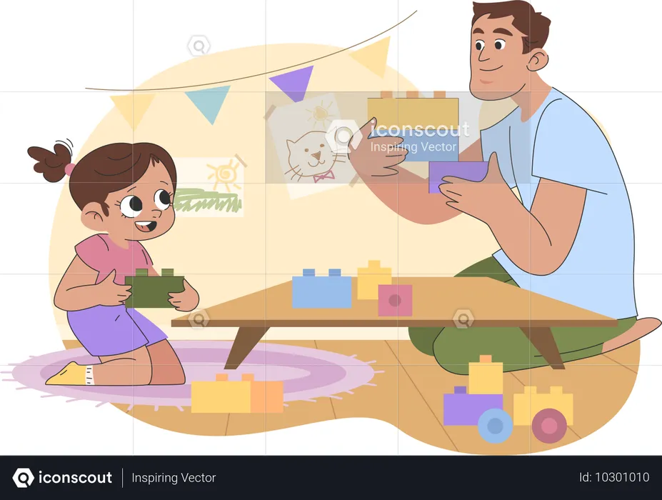 Un père joue avec sa fille avec un jouet en forme de cube  Illustration