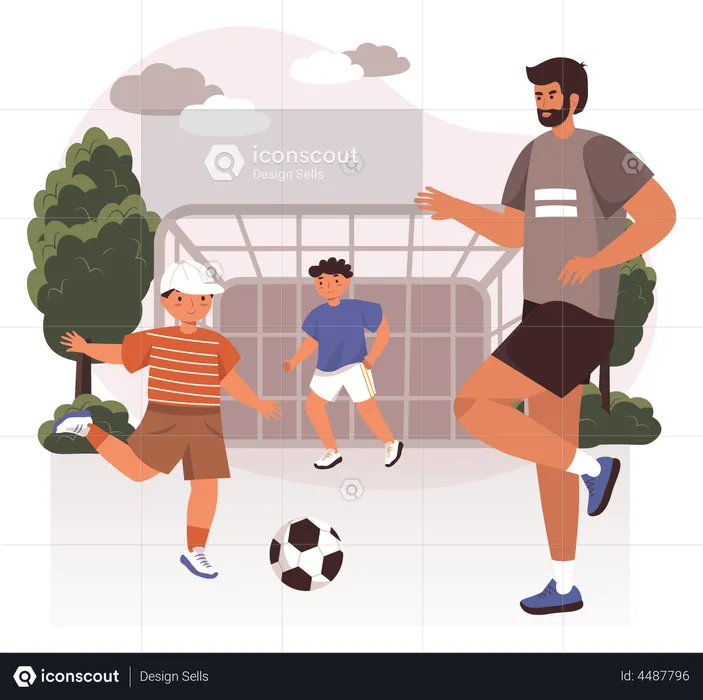 Père jouant au football avec des enfants  Illustration