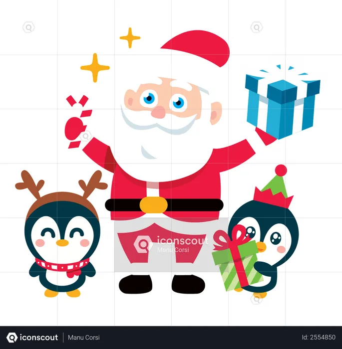 Père Noël avec bébés pingouins et cadeaux  Illustration