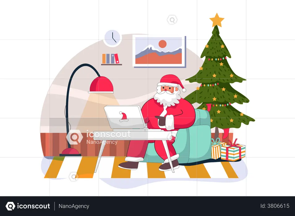 Le Père Noël envoie des cadeaux en ligne sur un ordinateur portable  Illustration