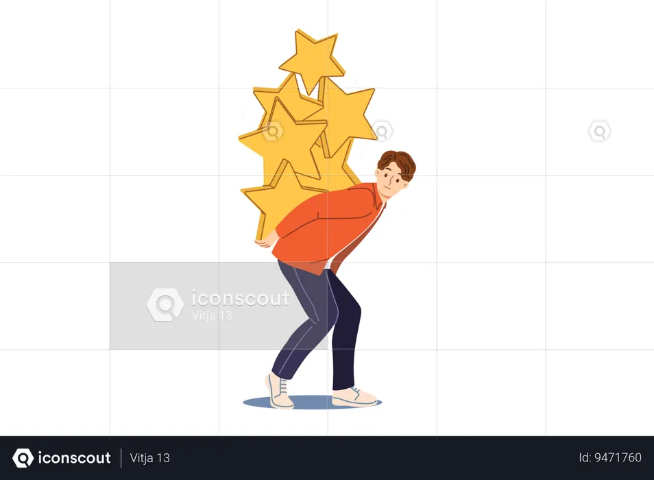 Perfectionist man tired due to pressure of company high standards bends under weight of gold stars  Illustration