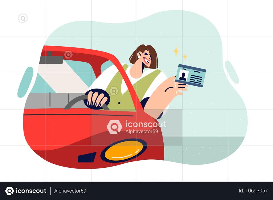 Permis de conduire entre les mains d'une femme assise au volant d'une voiture  Illustration