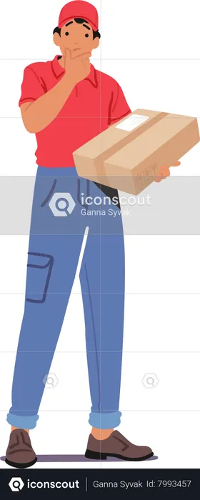 Perplexed Courier Male Character Holds A Package  Illustration