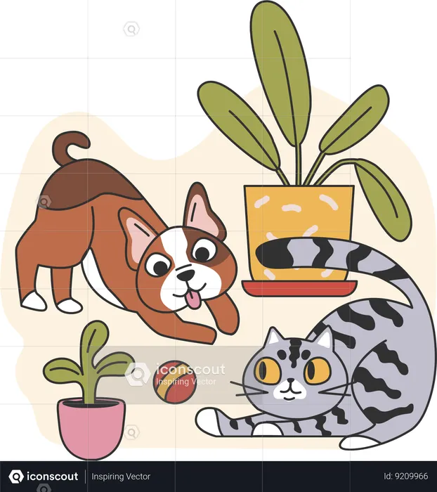 Perro y gato jugando juntos  Ilustración