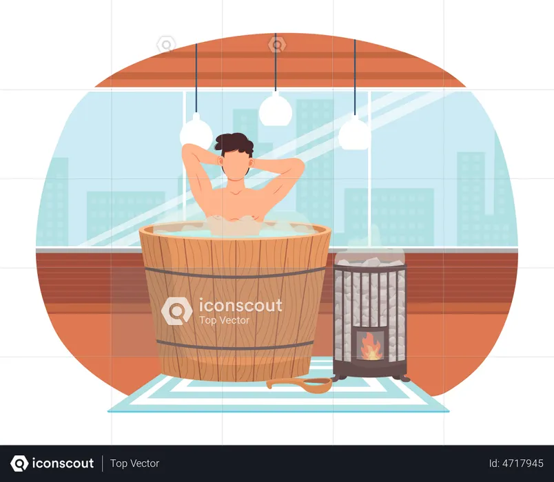 Person cleans skin in water heated by fire device in sauna. Young man is sitting in barrel  Illustration
