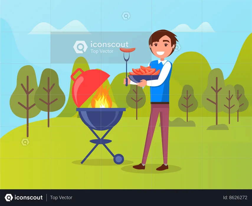 Person cooking sausages on grill  Illustration