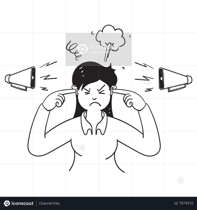 Person cover ear stress and dizzy from pressure influence media  Illustration