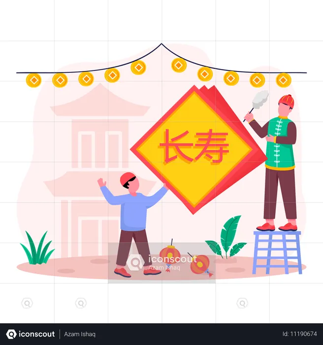 Person decorating street with flags and bunting while standing on ladder  Illustration