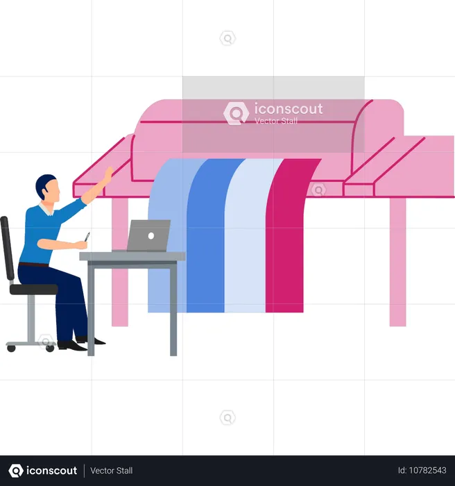 Person, die am digitalen CMYK-Offset-Grafikdruck arbeitet  Illustration