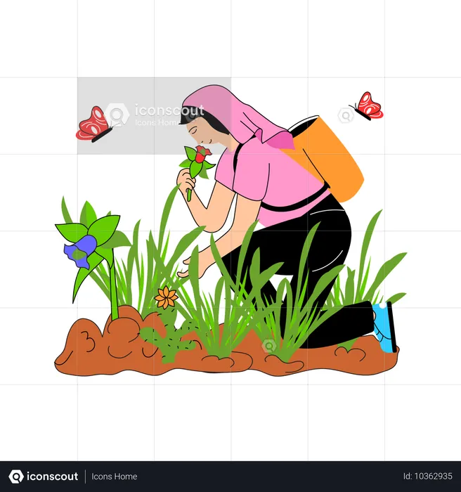 Person enjoying the scent of a blooming flower  Illustration