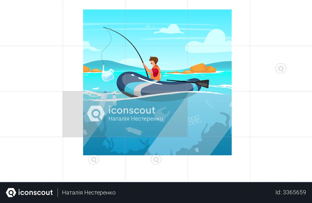 Person fishing in sea full of garbage  Illustration