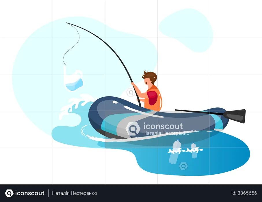 Person fishing in sea full of garbage  Illustration