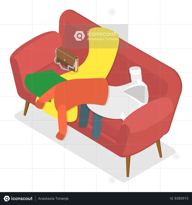 Person having messy house with clothes lying all over sofa  Illustration