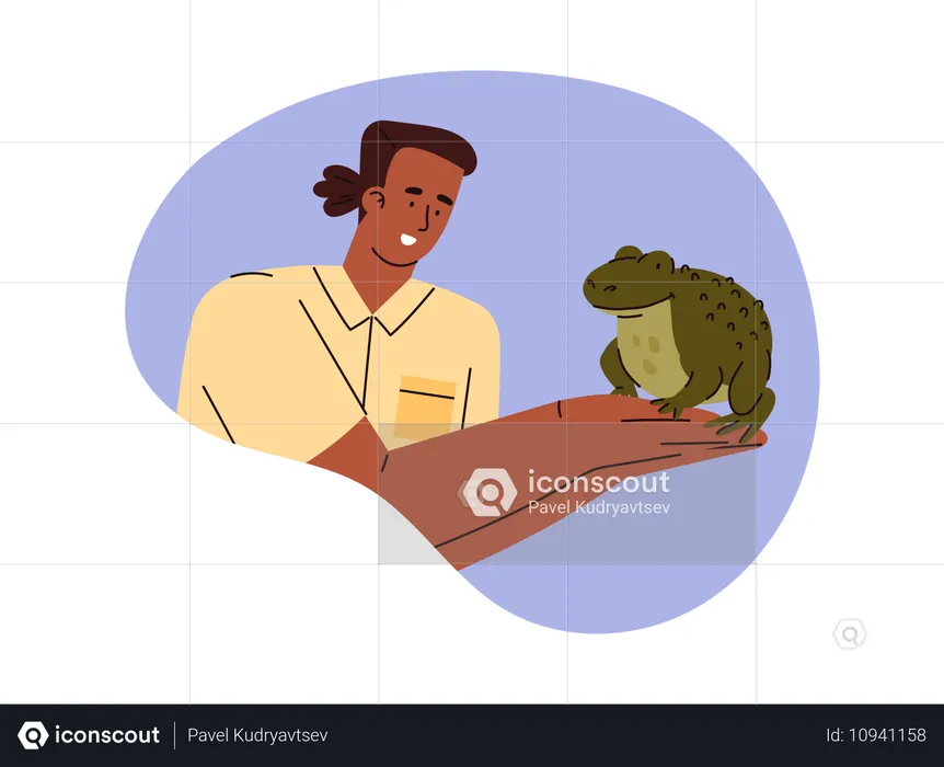 Person holds a green big frog in hands  Illustration