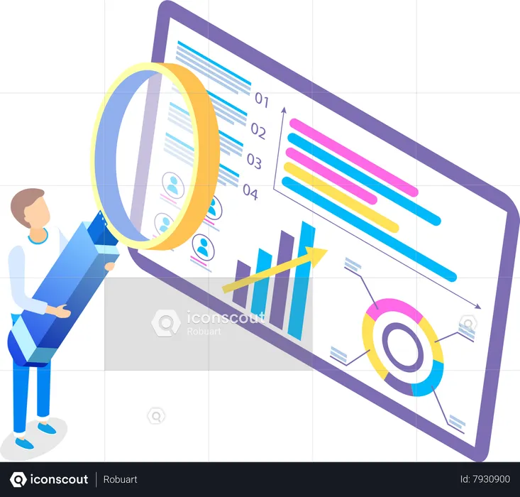 Person Holds Giant Loupe Near Tablet Business Presentation  Illustration