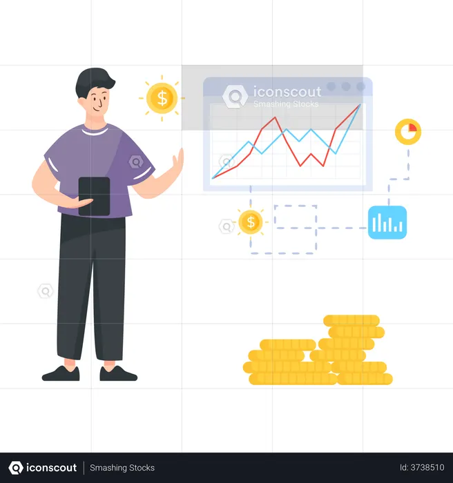 Person managing investment through technical analysis  Illustration