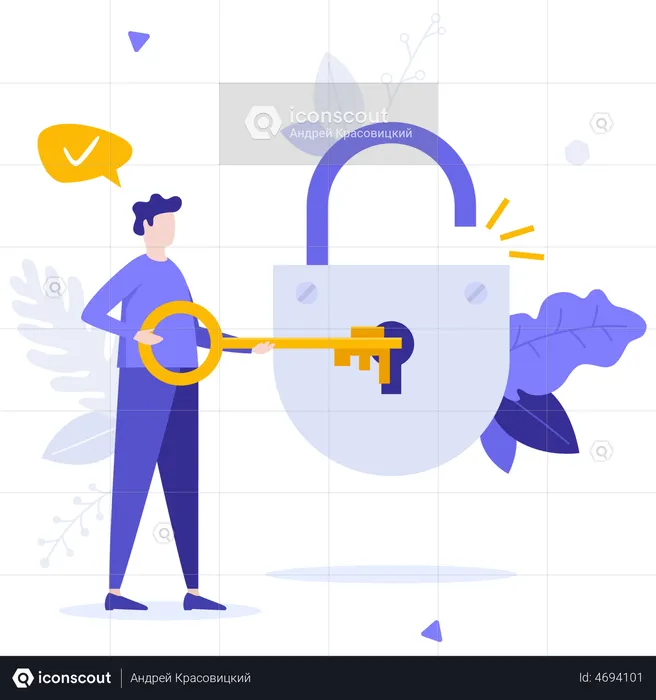 Person Opening Padlock With Key  Illustration