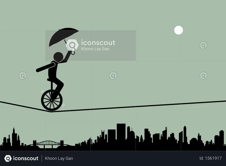 Person riding a unicycle and balancing it with an umbrella going through a tightrope rope with cityscape silhouette at the background  Illustration