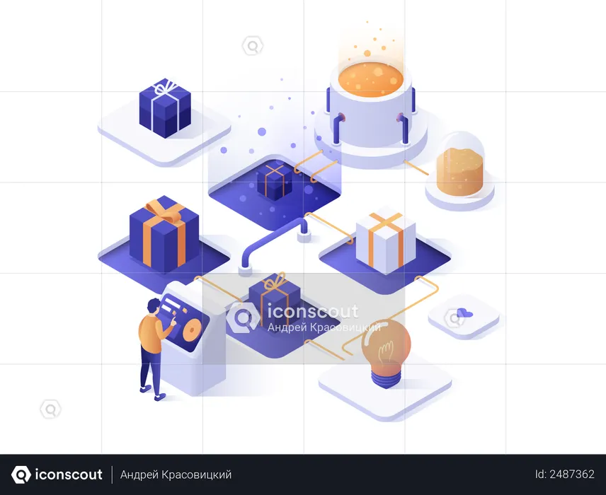 Person standing at control panel and choosing item to present  Illustration